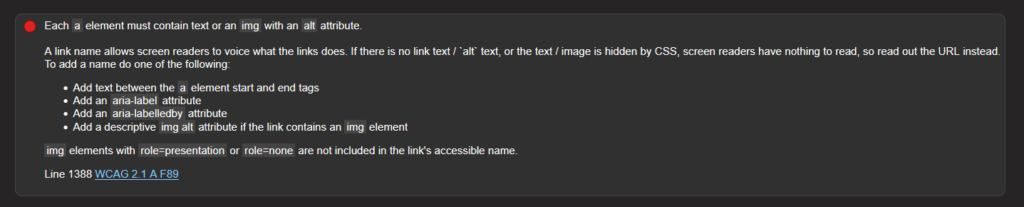 Example of a missing alt text attribute found in the image tag of somebodies code.